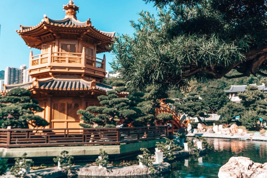 A golden pavilion in a pond at Nan Lian Garden, Places in Hong Kong