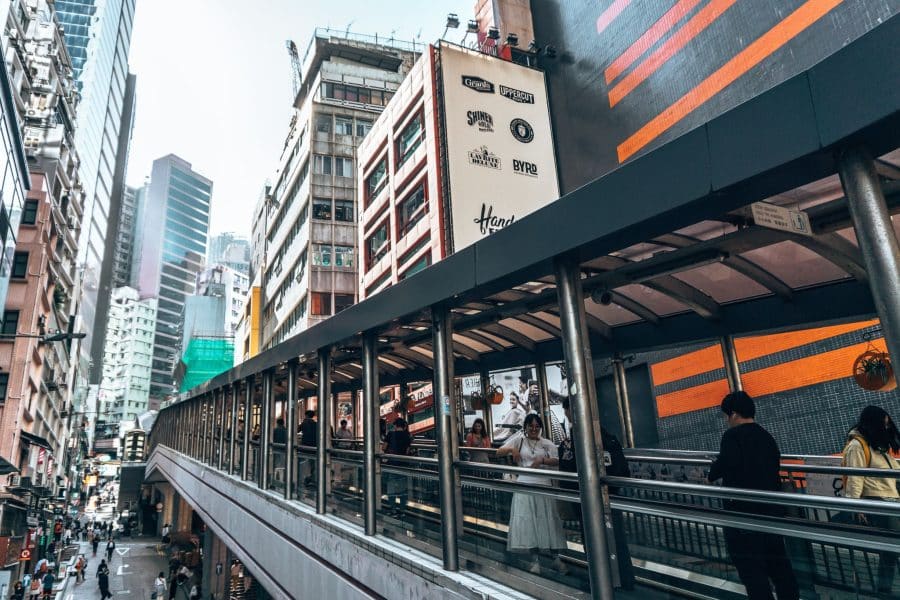 An outdoor-covered escalator between very steep streets, Central and Mid-Levels Escalator, 5 Days in Hong Kong