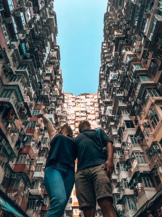 Looking up at the huge skyscrapers towering above us, Montane Mansion, Monster Building, Hong Kong Itinerary