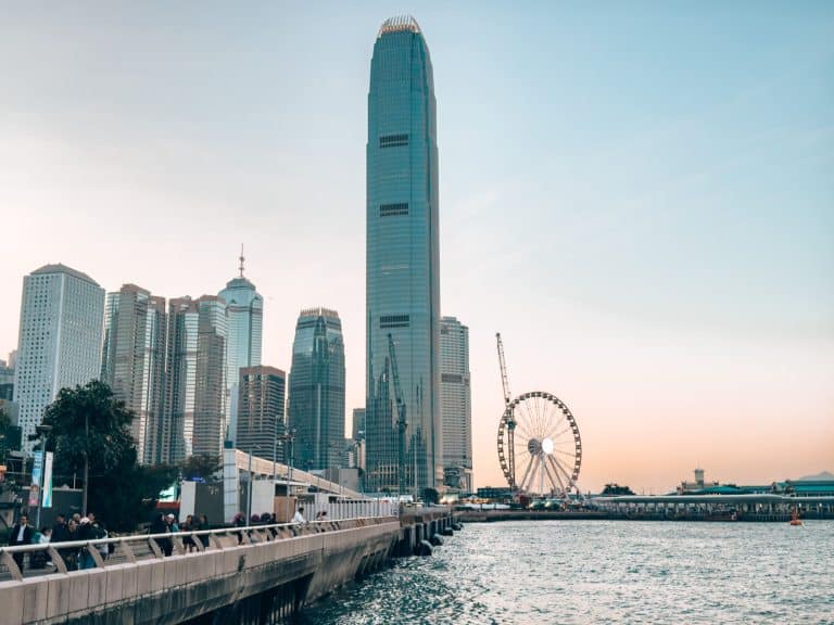 Huge gleaming skyscrapers overlooking Victoria Harbour, Wan Chai Waterfront, Hong Kong Island