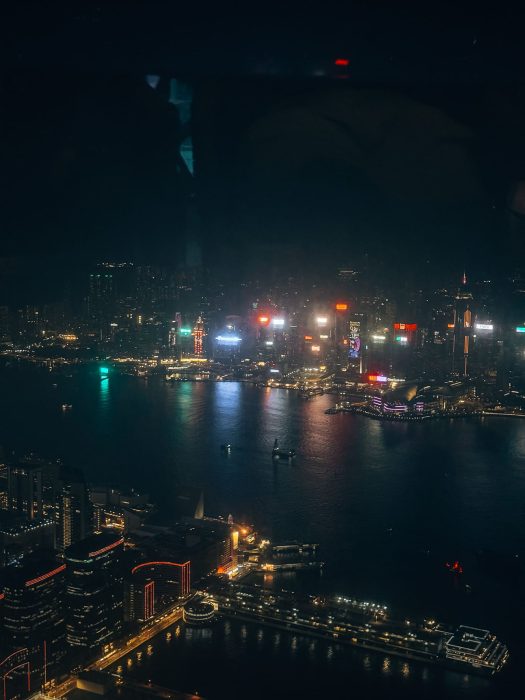 View from Ozone Bar over Kowloon and Hong Kong Island lit up at night