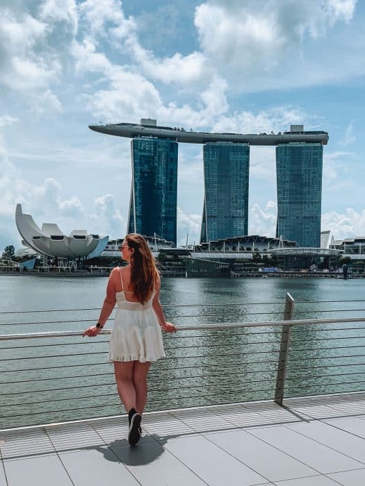 Helen looking out across the water to Marina Bay Sands, Singapore itinerary