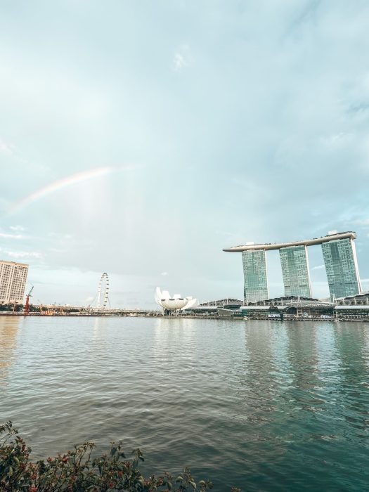 Marina Bay Sands and the ArtScience Museum with a rainbow over the water in front of them, Singapore itinerary
