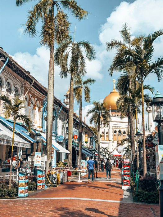 Traditional shophouses on a pedestrianised street with the Sultan Mosque at the end of it, Kampong Glam, 3-Day Singapore Itinerary