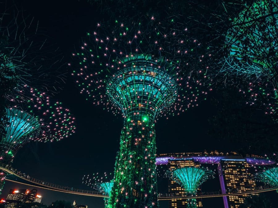 Supertrees lit up at night with Marina Bay Sands in the background, Supertree Grove, Gardens by the Bay, 3-Day Singapore Itinerary