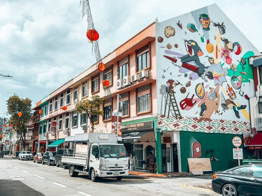 A huge brightly coloured mural painted on the side of a traditional shophouse, Joo Chiat Road, Peranakan Houses, Katong Joo Chiat, Singapore Itinerary