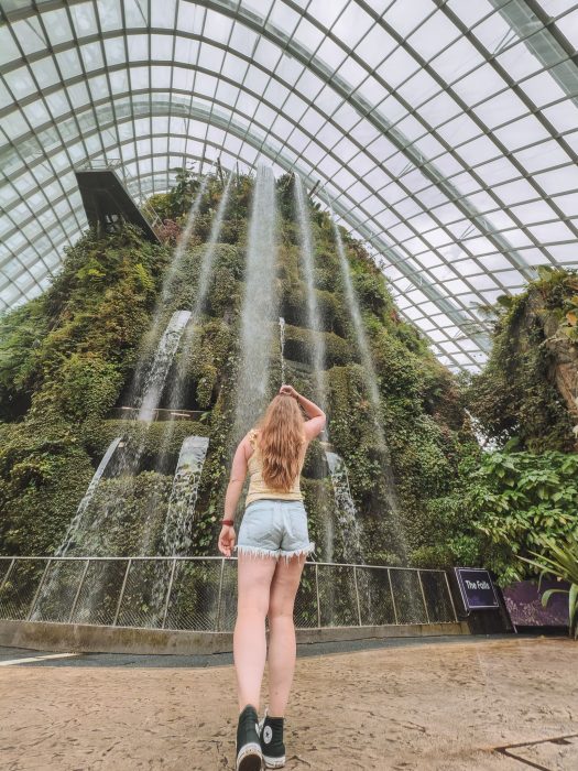 Helen stood in front of the indoor waterfall at the Cloud Forest Observatory, Gardens by the Bay, 3-Day Singapore Itinerary