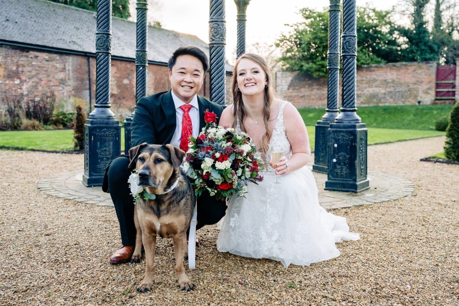 Helen, Andy and Plum having wedding photos taken at Foxtail Barns Wedding, Tawny Hotel