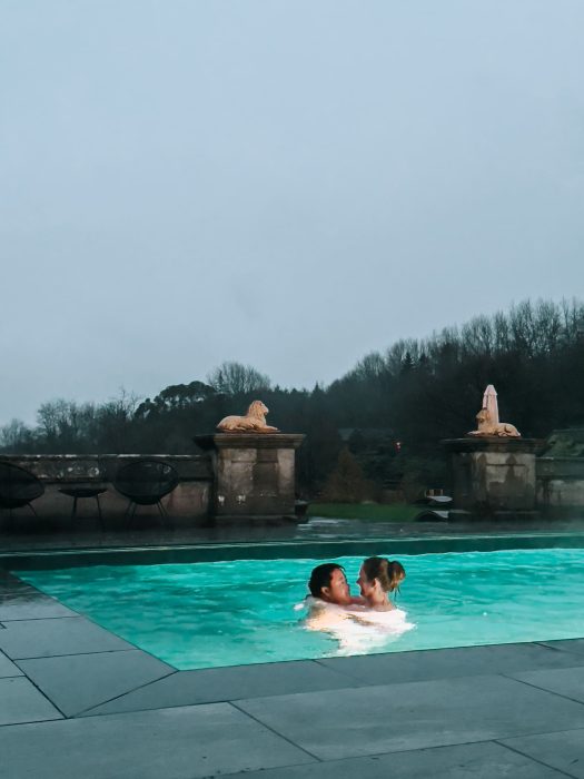 Helen and Andy in the outdoor swimming pool at the Tawny Hotel, luxury hotels in Staffordshire