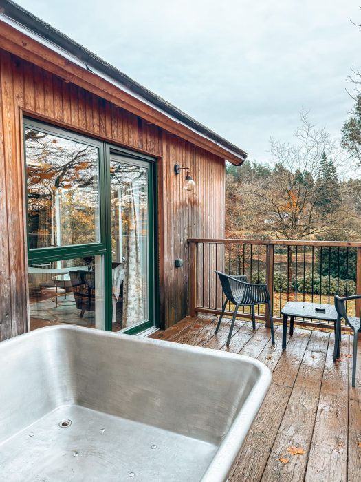 Outdoor spa bath on a deck at the Tawny Hotel, Luxury Hotels in Staffordshire