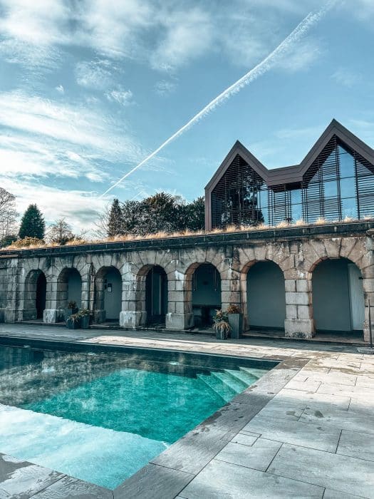 A steaming heated swimming pool at The Tawny Hotel swimming pool, luxury hotels in Staffordshire