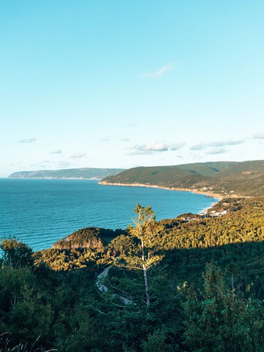 A viewpoint on the Cabot Trail looking across lush forests meeting the Atlantic Ocean on Cape Breton, Nova Scotia
