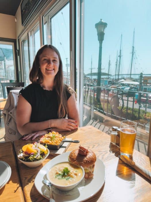 Helen sitting in the Grand Banker, Lunenburg, Nova Scotia