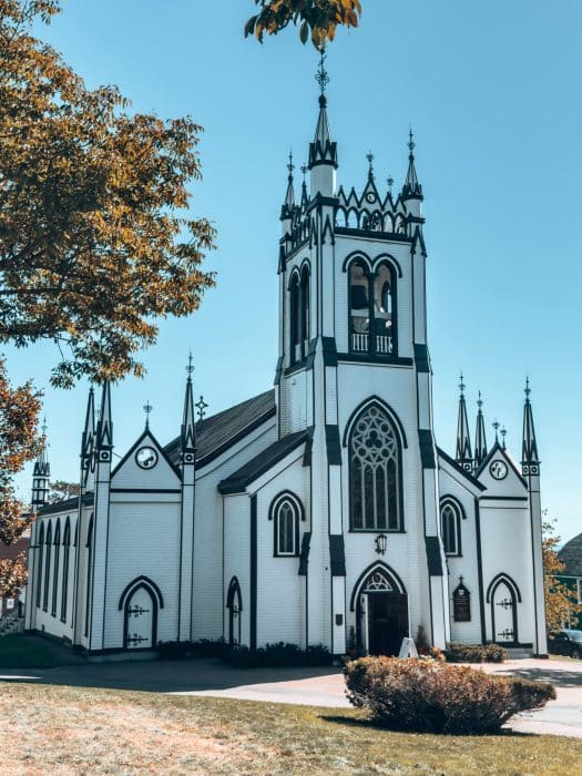 A picturesque white and black church in Lunenburg, Best Places to Visit in Nova Scotia, Canada