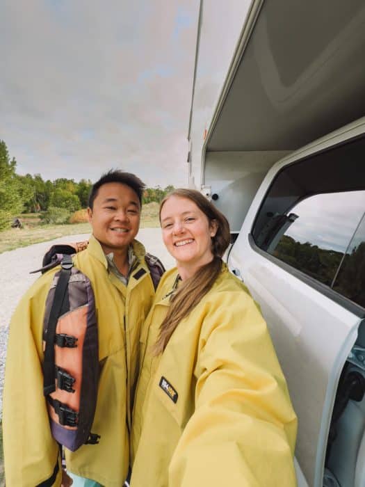 Helen and Andy in huge rain jackets before going Tidal Bore Rafting, fun things to do in Nova Scotia