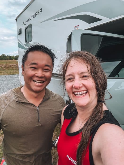 Helen and Andy soaking wet after going Tidal Bore Rafting, fun things to do in Nova Scotia