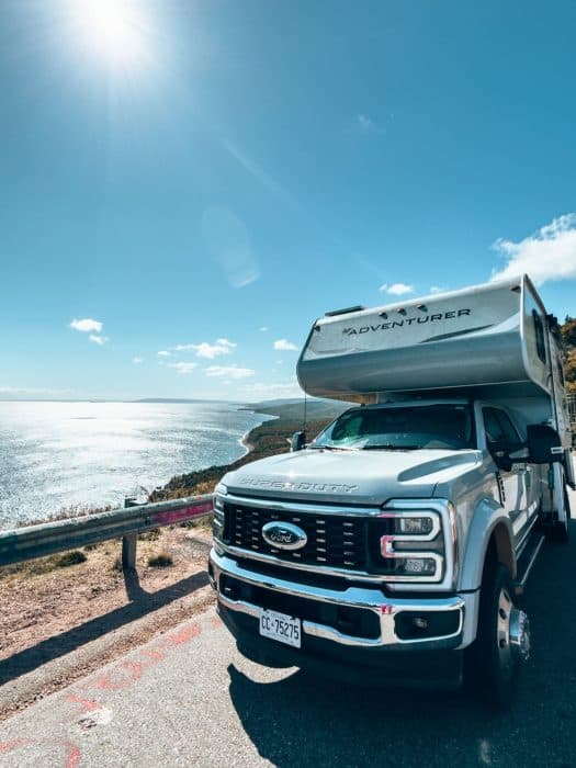 A motorhome at the Pathend Brook Lookout with the ocean behind it, best things to do in Nova Scotia
