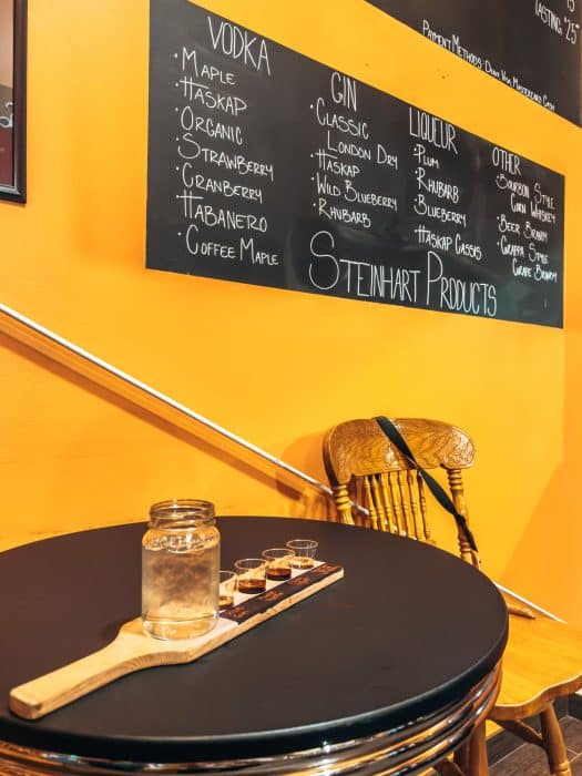A flight of tasters at Steinhart Distillery, Arisaig, things to do in Nova Scotia