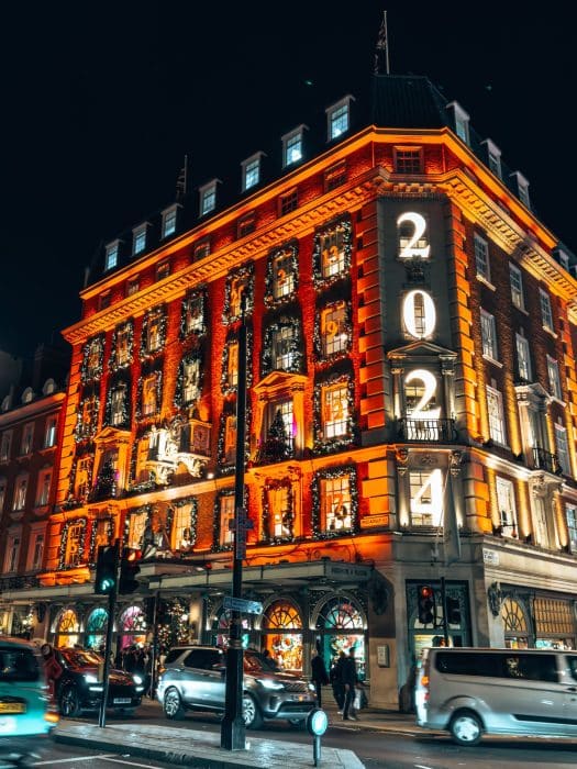 The giant Advent calendar on the exterior of Fortnum & Mason, London at Christmas
