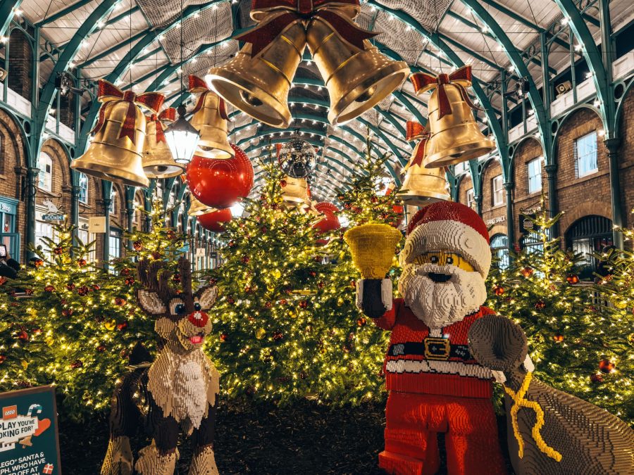 LEGO sculptures of Rudolph and Santa Claus at the Covent Garden Market Building, London Christmas lights walking route
