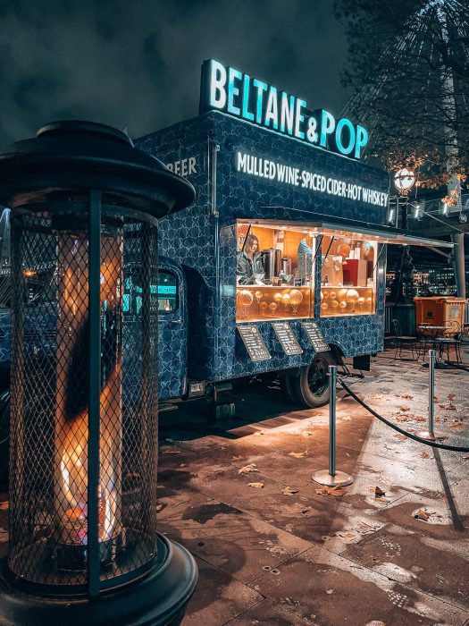 A winter warmer pop-up bar and roaring fire, South Bank Winter Market, best places to visit in London at Christmas