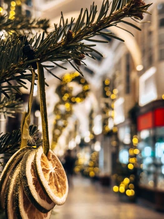Twinkling lights and trees in Burlington Arcade, best places to visit in London at Christmas