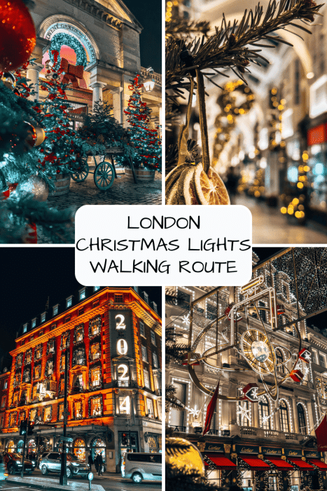 A pin on the best London Christmas Lights Walking Route with photos of Covent Garden, Burlington Arcade, Fortnum & Mason and New Bond Street