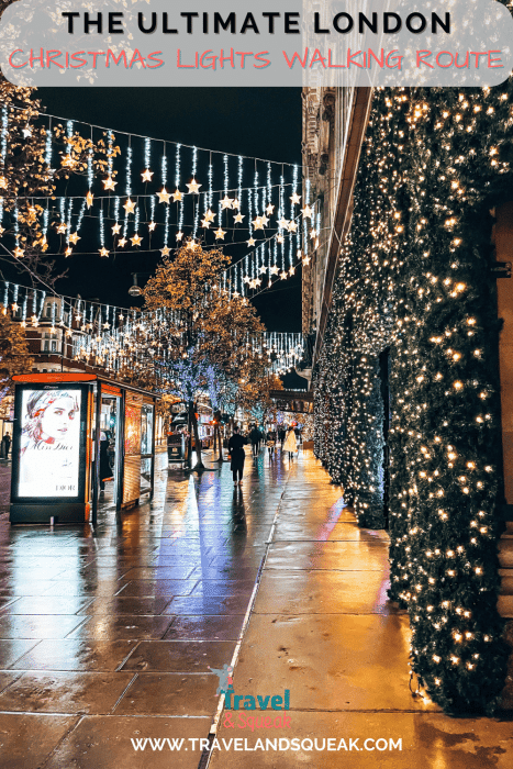 A pin on the best London Christmas Lights Walking Route with a photo of Oxford Street