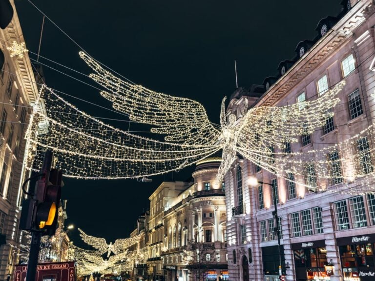 Huge angels floating above Regent Street, London Christmas lights walking route