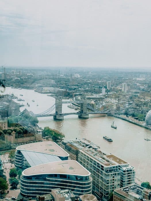 View from the open-air terrace at the Sky Garden over the River Thames and Tower Bridge
