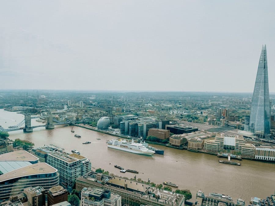 View over the Shard, Tower Bridge and River Thames from the Sky Garden open-air terrace