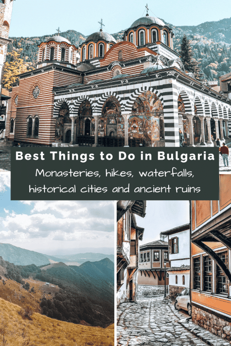 A pin on things to do in Bulgaria with images of Rila Monastery, Botev Peak and Plovdiv Old Town